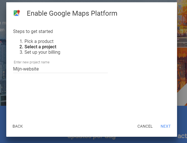 Google Maps Project aanmaken